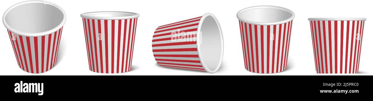 3d realistic icon. Popcorn boxes in different views. Isolated on white background. Stock Vector