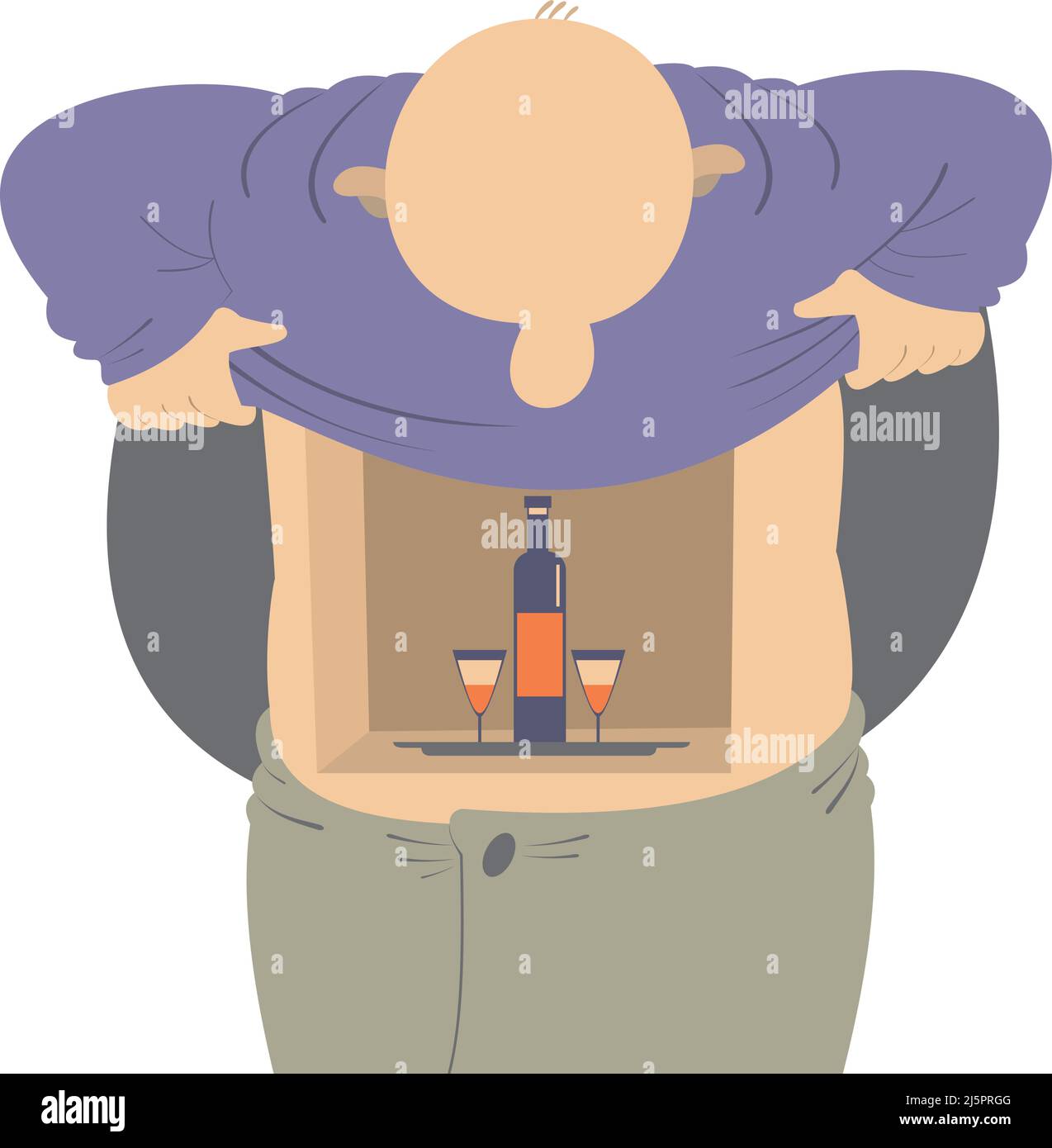 Man, stomach, tray with a bottle and two glasses concept. Funny man