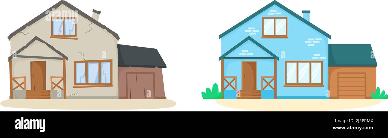 House before and after renovation. Old and new suburban cottage. Run-down and repaired home. Remodelled brick house with garage. Nice detached house Stock Vector