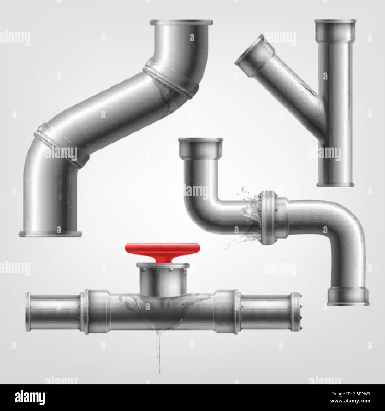 Realistic leaking pipes. Isolated kitchen pipe leakage, broken plumbing leak piping, piped crack drain damaged pipeline, wet valve home communication, tidy vector illustration. Metal pipe leaks Stock Vector
