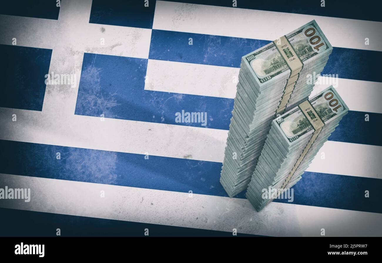Stacks of 100 Dollar banknotes on Greek national flag. Copy Space on the left side. 3D Rendering Stock Photo