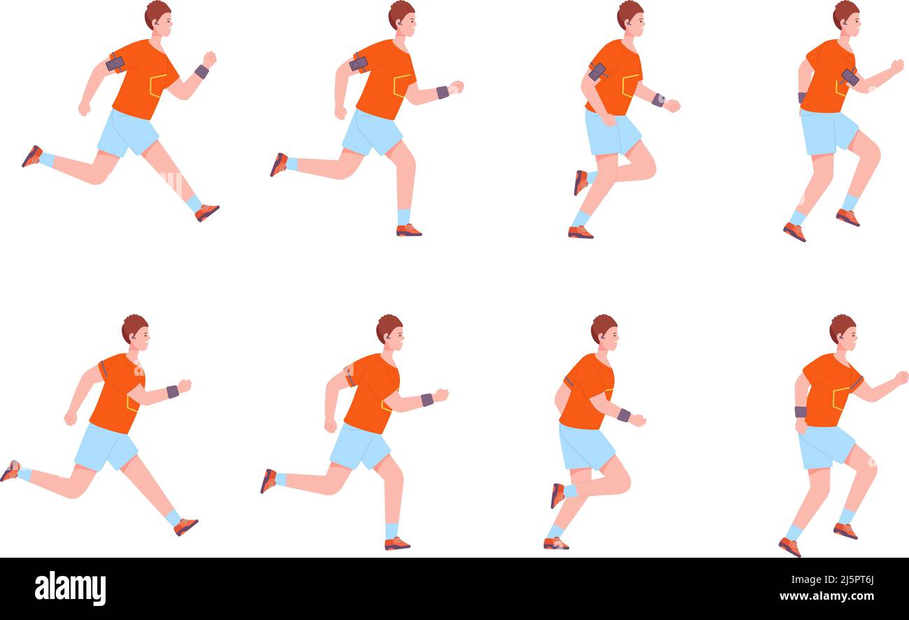 Running man sequence. Run character frame animation 2d runner profile,  sprite sheet jogging motion cycle fitness exercise fast sport movement guy,  vector illustration. People sequence run and jogging Stock Vector Image &