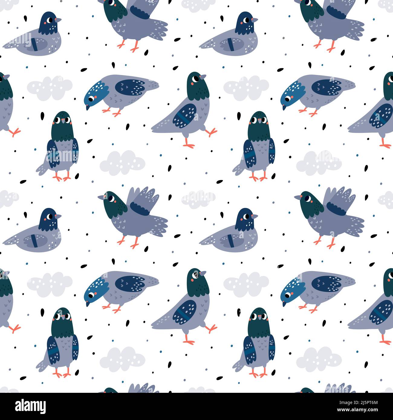 Pigeons seamless pattern. Cute print with doves pecking seeds. Street grey birds in different poses and angles. Urban inhabitants. Avian flock Stock Vector