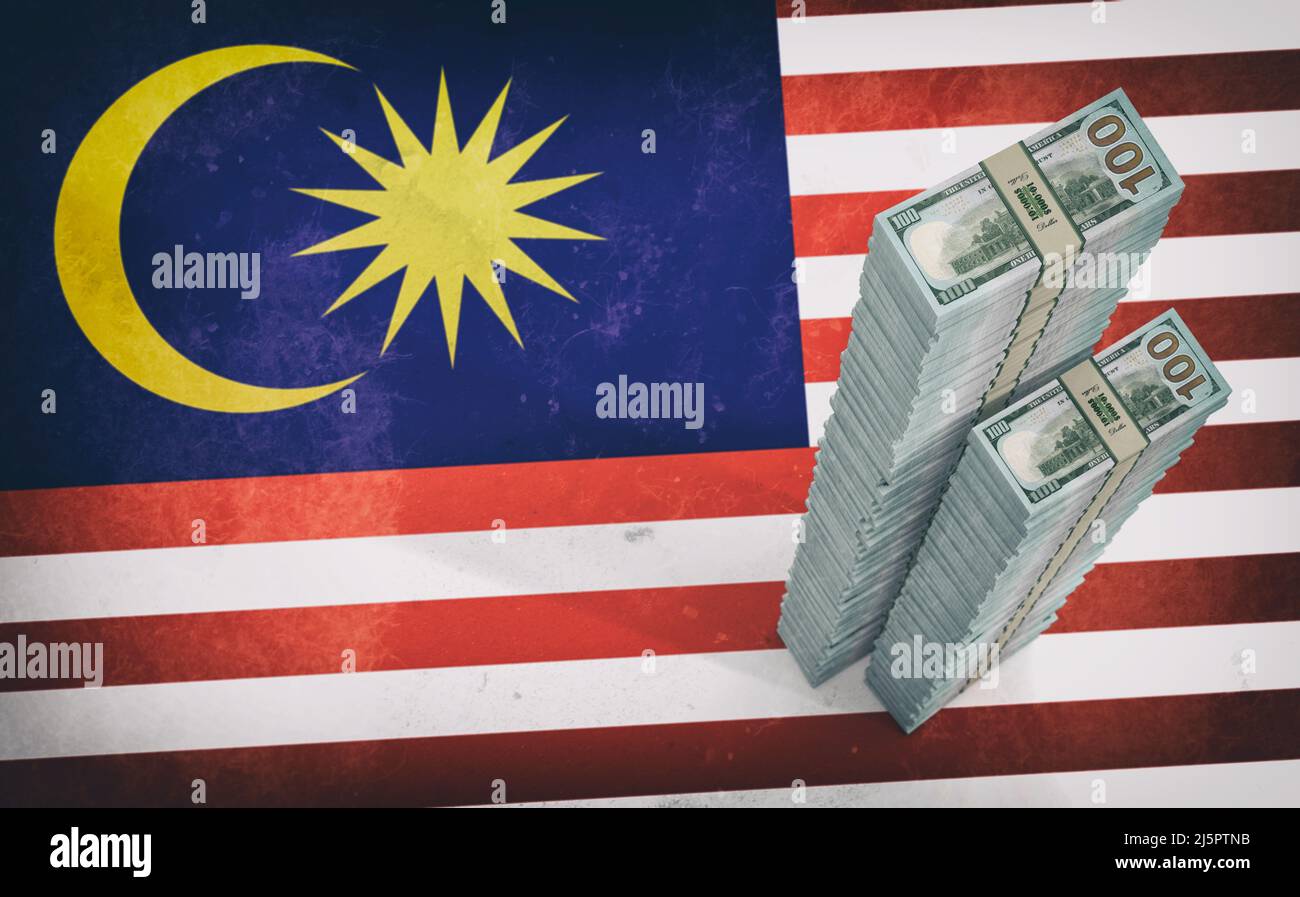 Stacks of 100 Dollar banknotes on Malaysia national flag. 3D Rendering ...