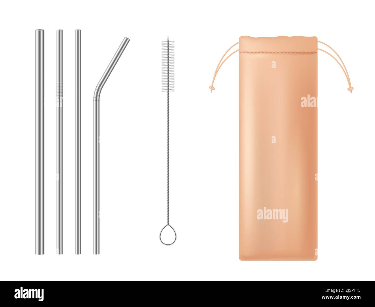 Straws for drink. Realistic beverage pipes. Silver cocktail sticks. Steel straight and curved tools. Cleaning ramrod brush and storage bag. Zero waste Stock Vector