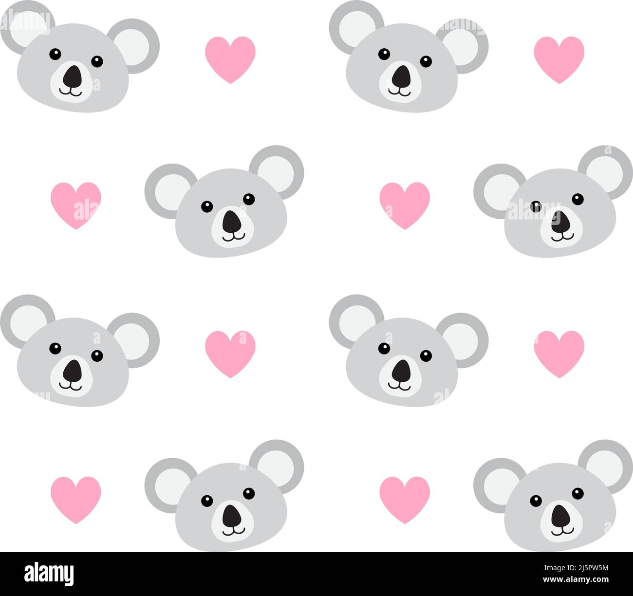 Vector seamless pattern of flat cartoon koala face and hearts isolated ...