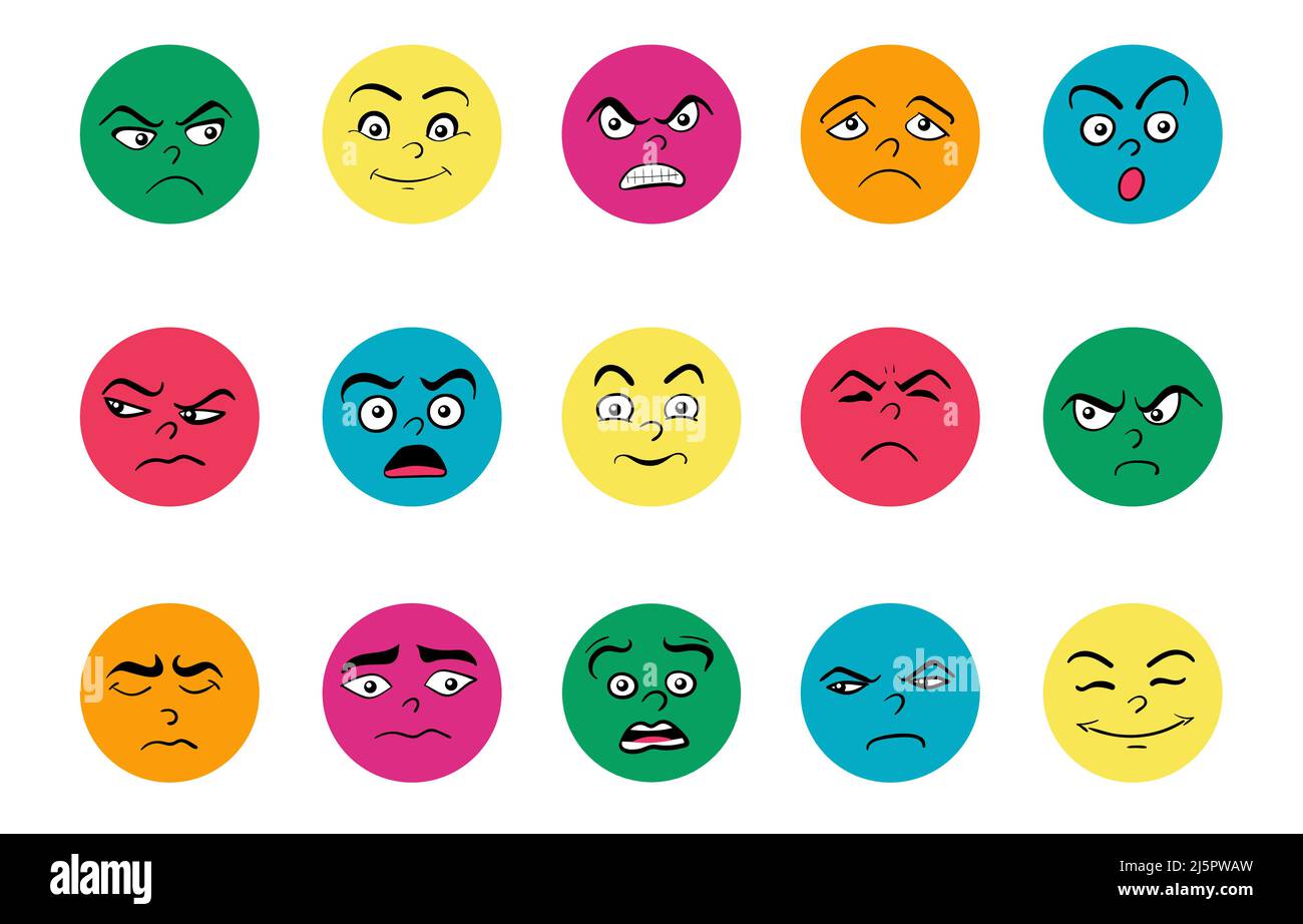 Cartoon cute and funny faces with positive and negative emotions. Comic ...