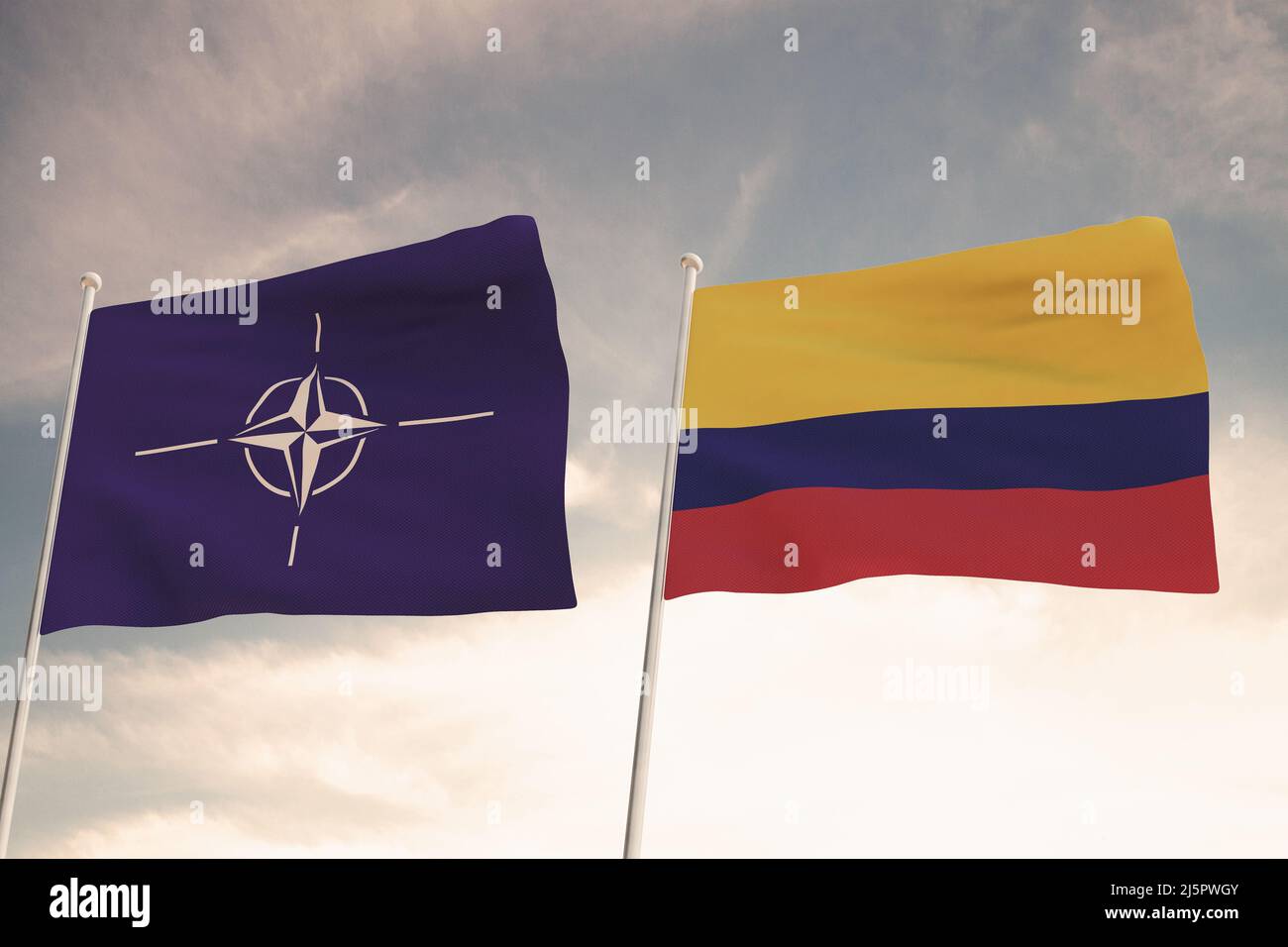Flags of NATO and COLOMBIA waving with cloudy blue sky background,3D rendering WAR Stock Photo