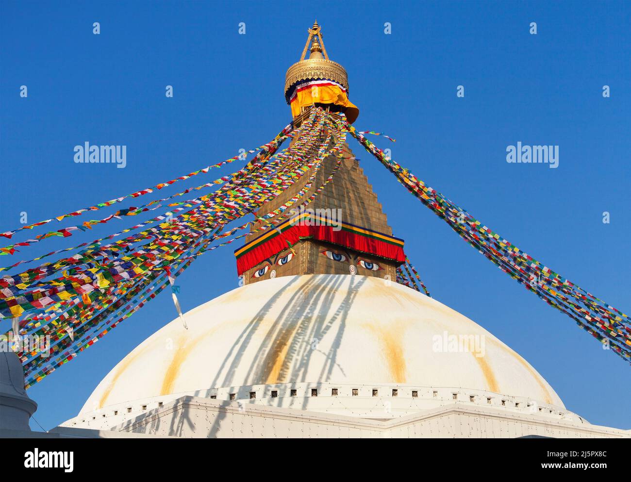 Boudha, bodhnath or Boudhanath stupa with prayer flags, the biggest buddhist stupa in Kathmandu city - buddhism in Nepal Stock Photo