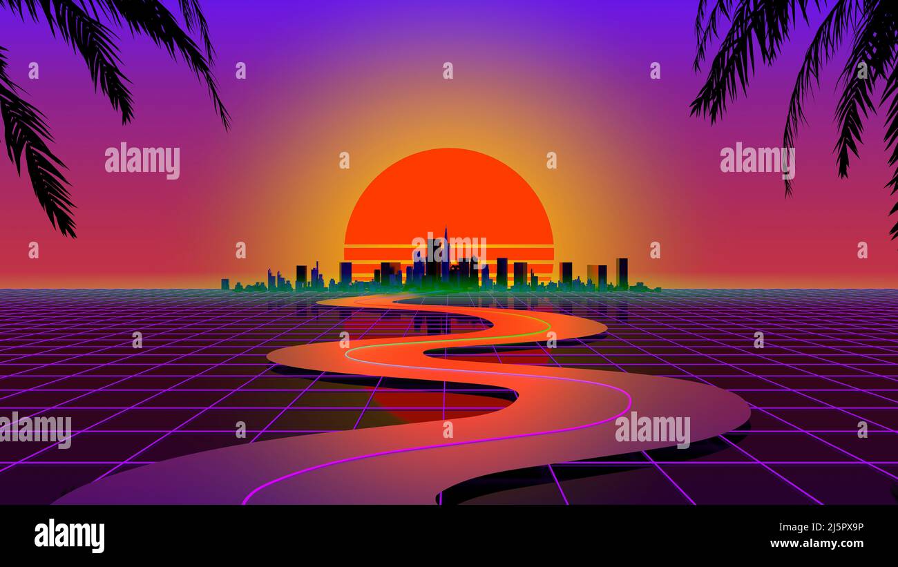 3d Retro wave city background. Neon night landscape with a futuristic city in the style and aesthetics of the 80s and 90s. Synthwave, cyberpunk, computer video games, concept. High quality 3d illustration Stock Photo