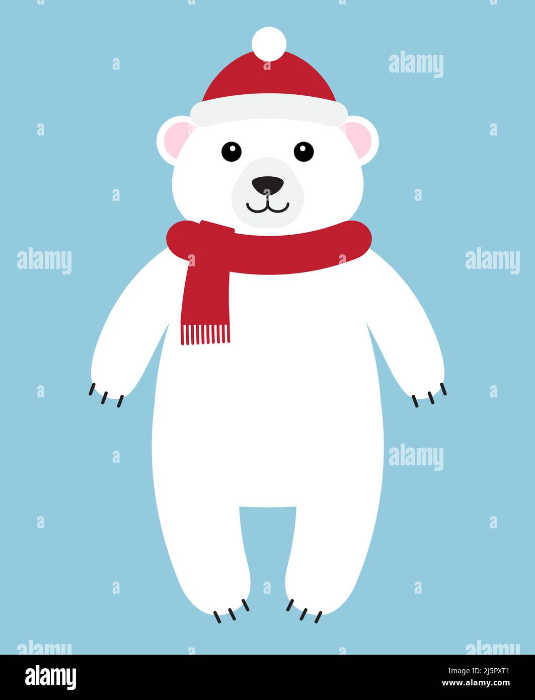 Vector flat cartoon white polar bear in hat and scarf standing isolated ...