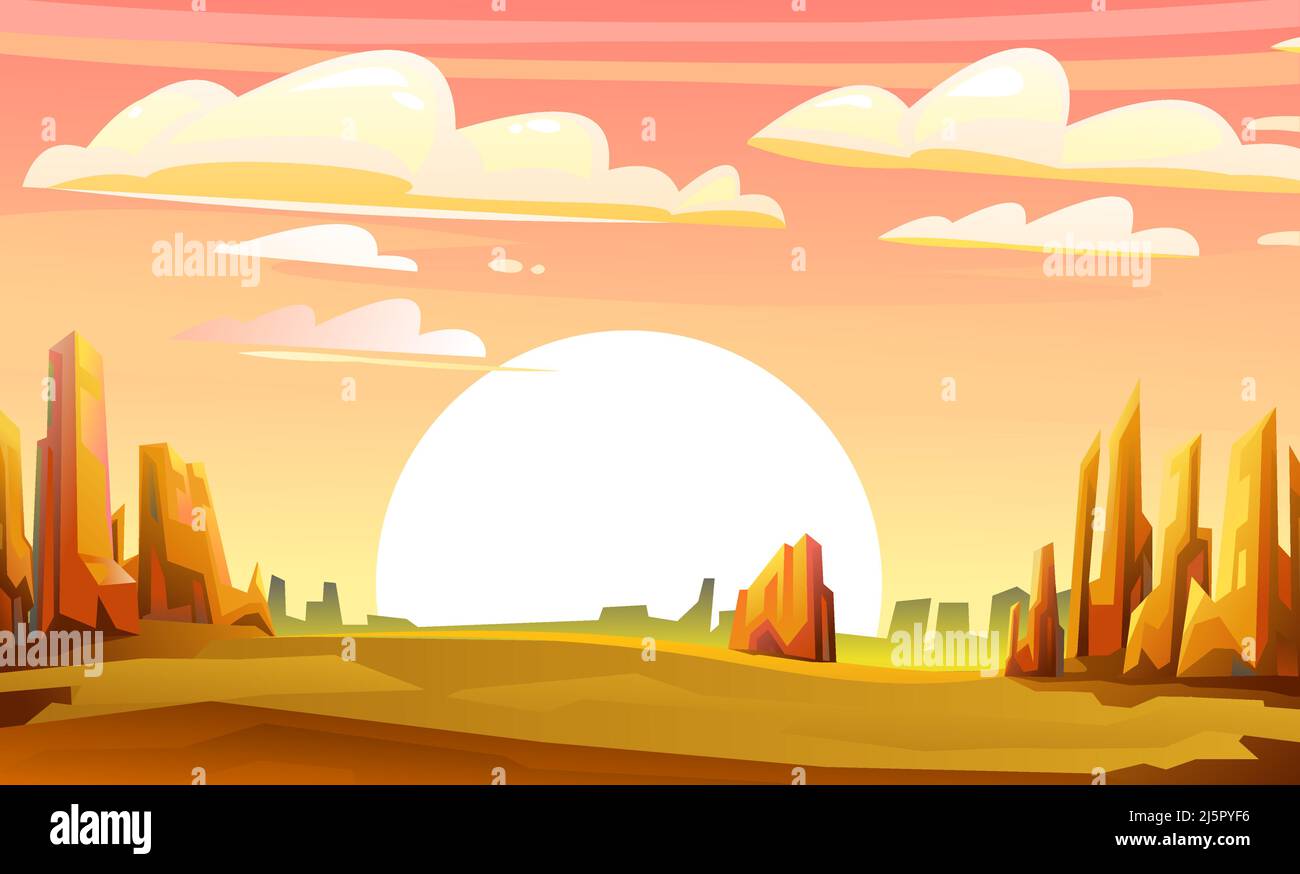 Rocky landscape. Sharp stone cliffs. Horizon far away. View of an uninhabited planet. Sunset sunrise on horizon. Desert during day. Horizontal illustr Stock Vector
