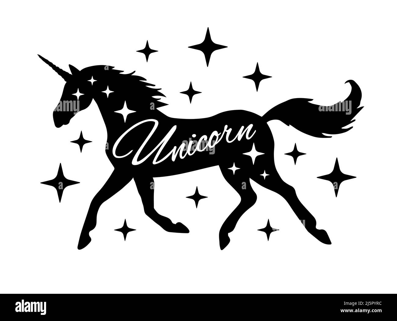 Vector hand drawn lettering in black unicorn silhouette isolated on
