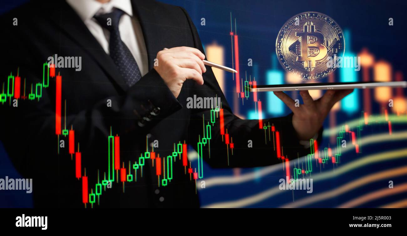 Cryptocurrency and investment. Businessman using tablet to connected on  global network and gold bitcoin coin and growth of business graph,  Financial Stock Photo - Alamy