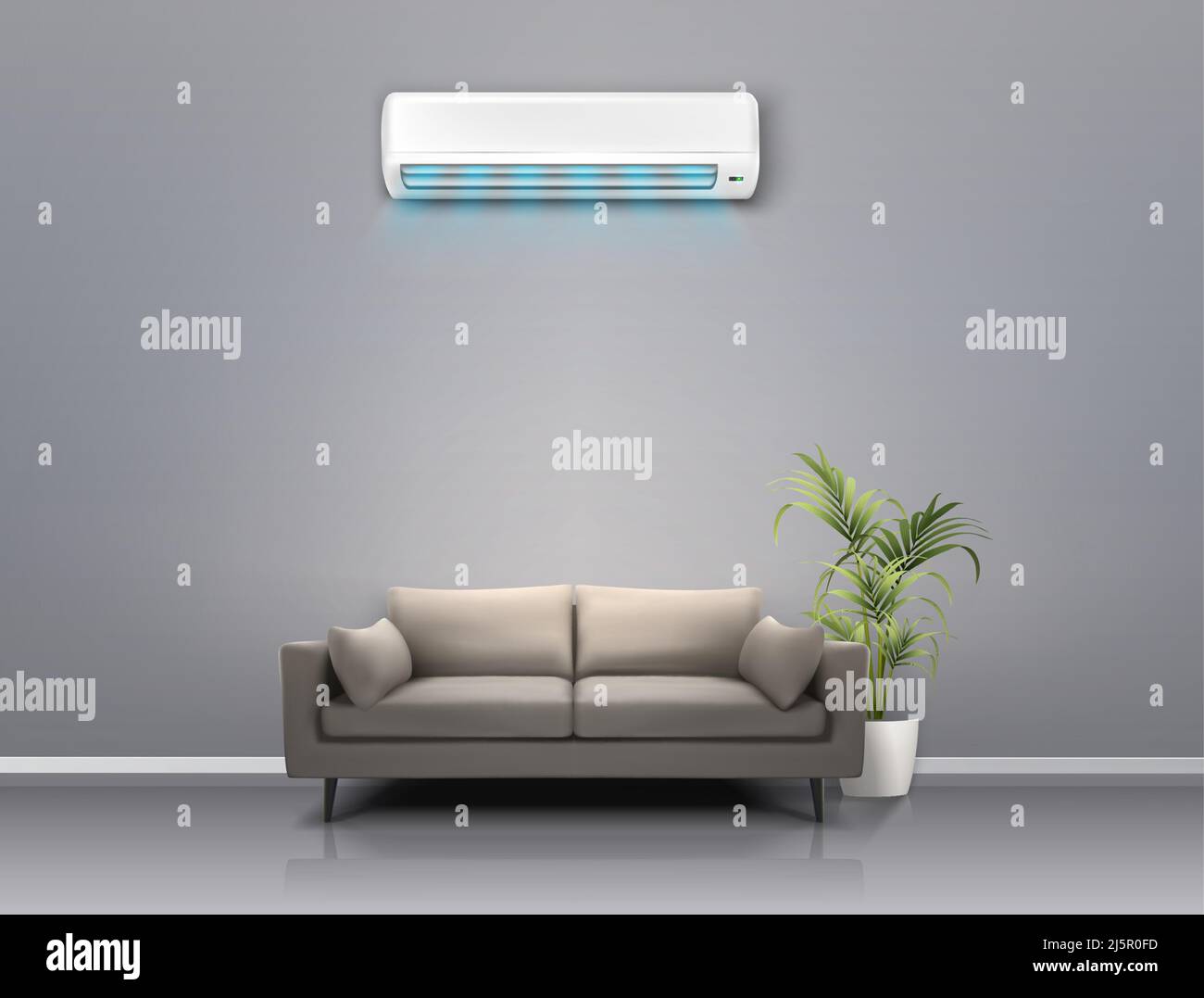 realistic vector background. Climat control concept. Cooling air conditioning system in the living room with a couch. Stock Vector