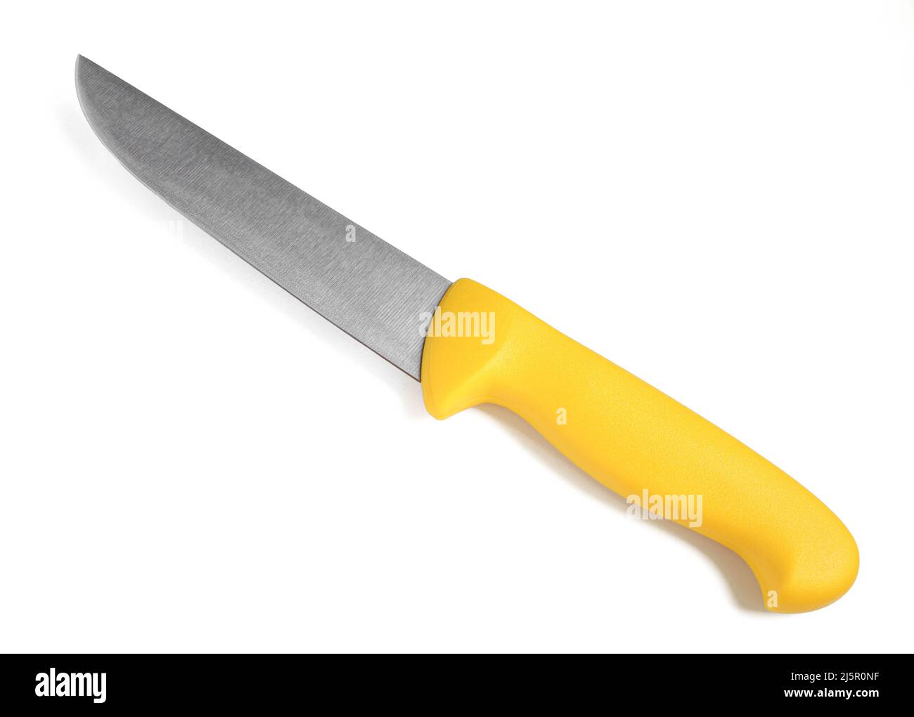 Sharp metallic knife with plastic yellow handle isolated on white background Stock Photo
