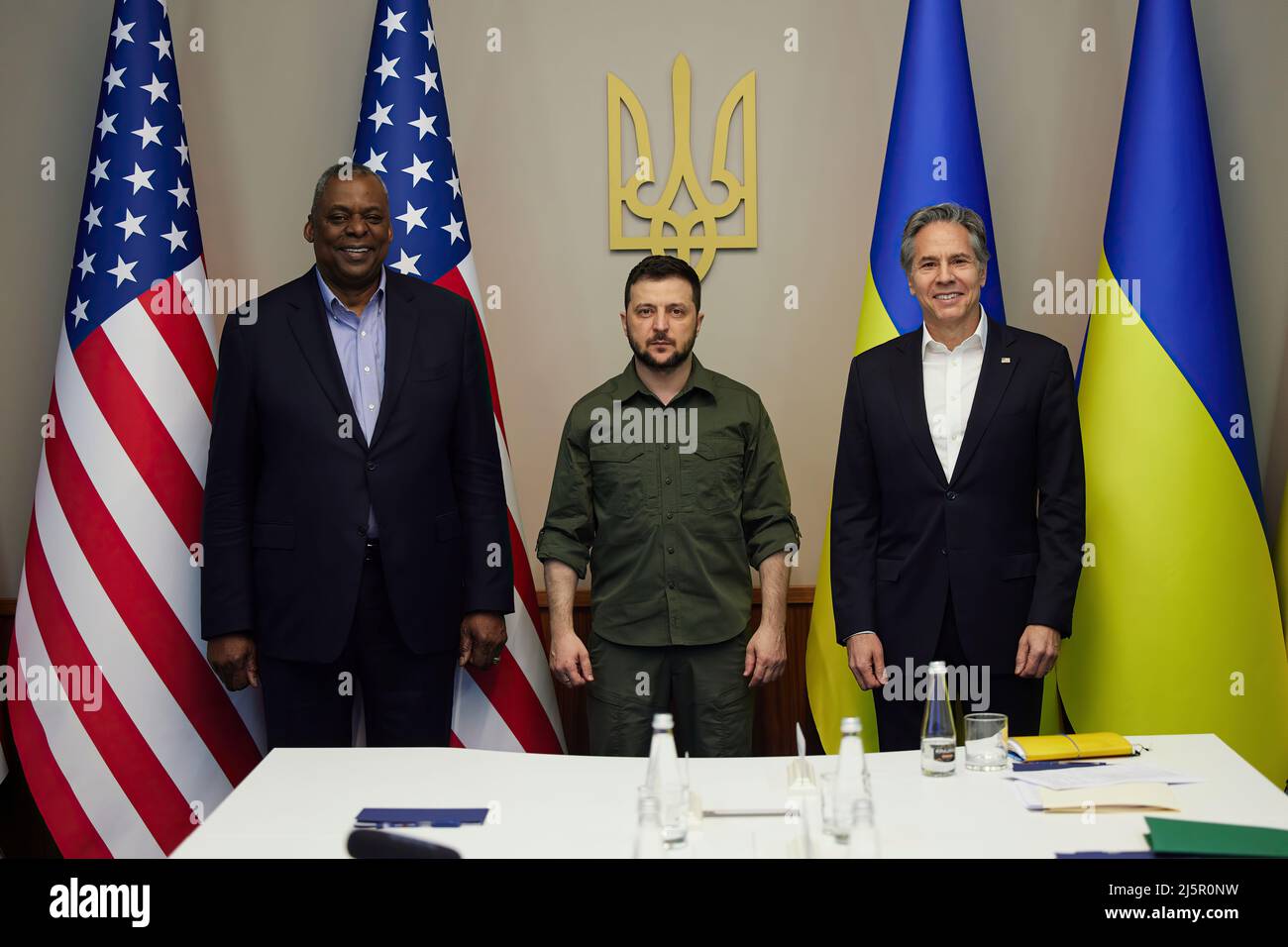 U.S. Secretary of State Antony J. Blinken and U.S. Secretary of Defense Lloyd J. Austin III visit Ukrainian President Volomydyr Zelensky and high ranking government officials in Kyiv, Ukraine, on April 24, 2022. The leaders talked about US arms and military aid, moving the U.S. Embassy back to Kyiv and humanitarian aid. Stock Photo