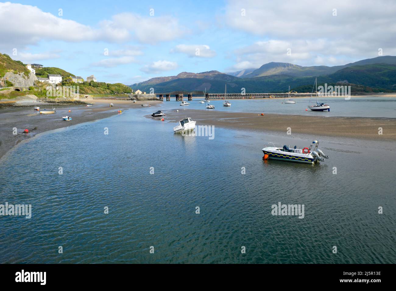 Boats at Barmouth & the famous Barmouth railway bridge Barmouth Gwynedd