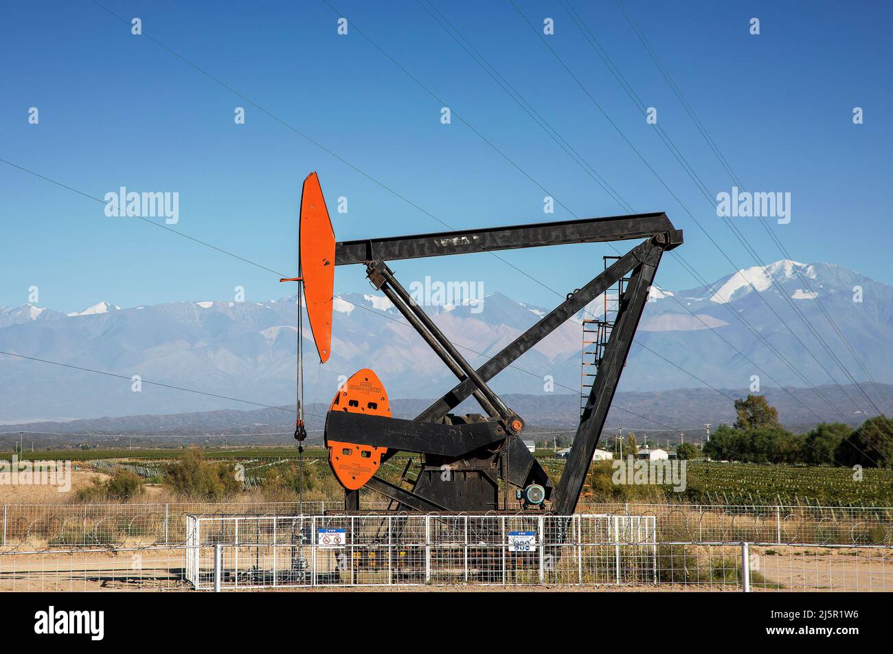 A pumpjack belonging to Argentinian oil company YPF is seen in the Uco valley near San Juan. Stock Photo