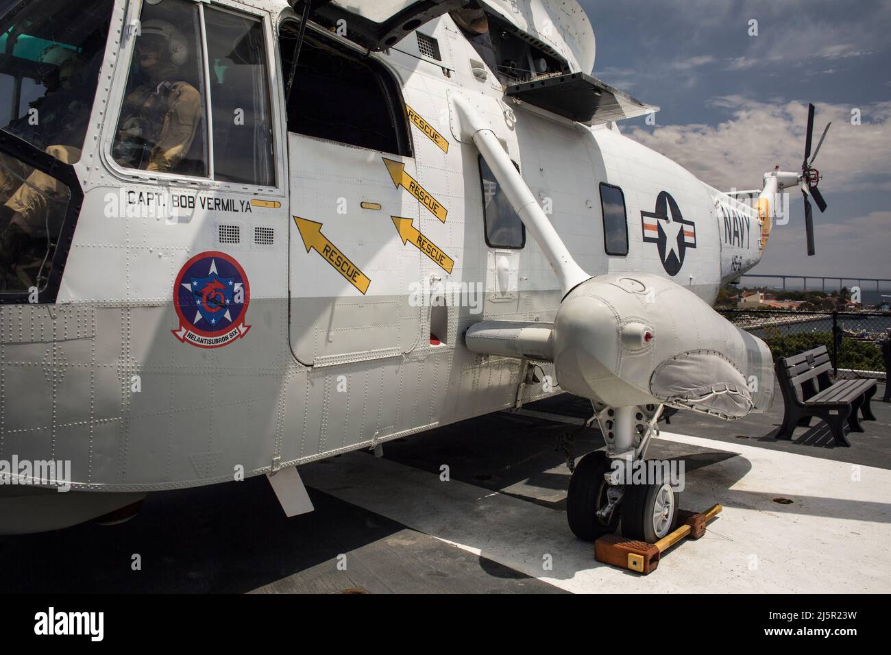 Lateral view of a SH-3 Sea King helicopter at the USS Midway aircraft carrier flight deck, San Diego Navy Pier Stock Photo