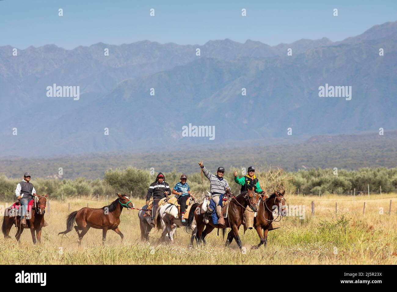 Argentina - Men on horses on their way to their work on different plantation in the Argentine province of La Rioja with the Andes mountains behind the Stock Photo