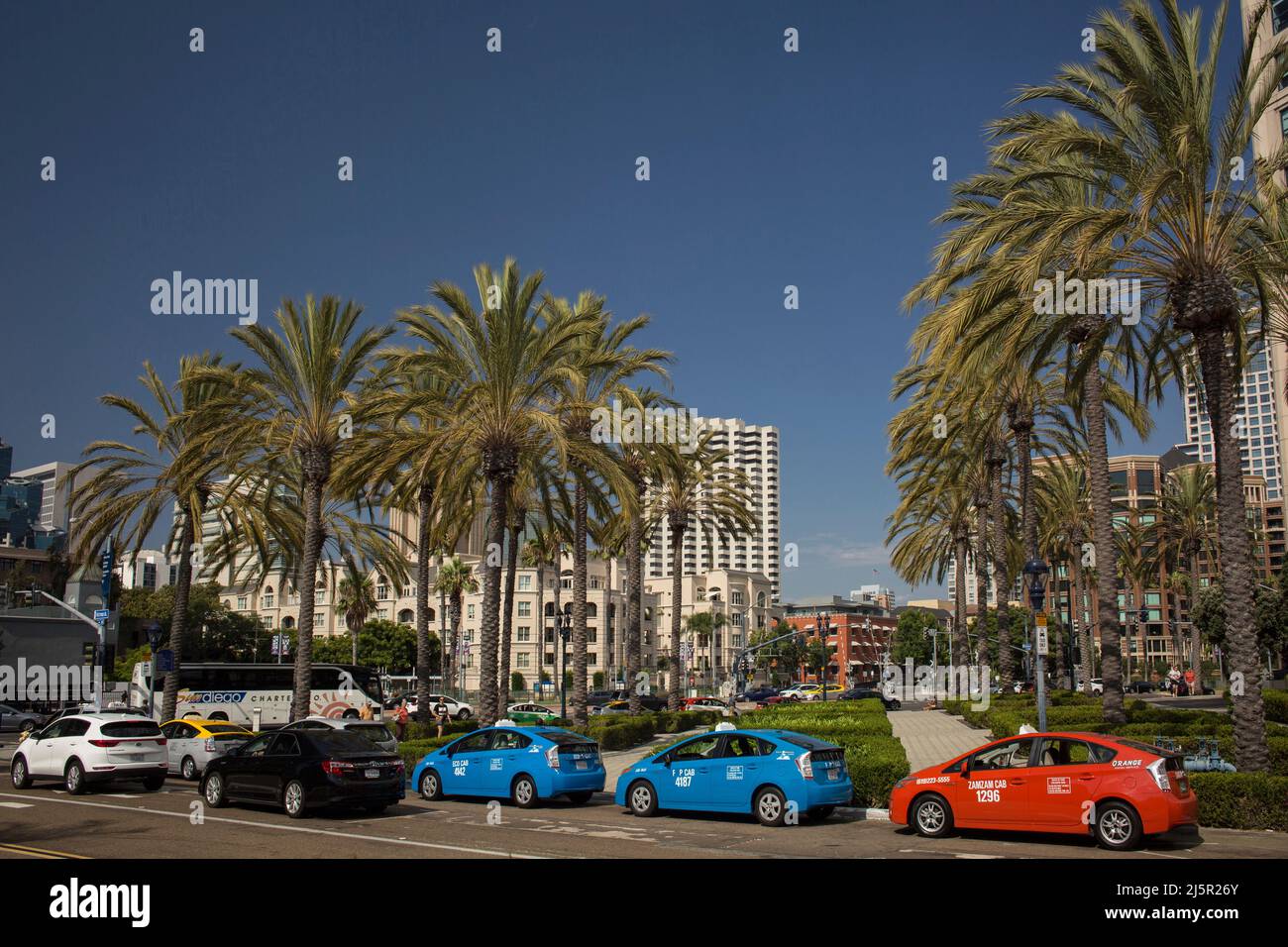 Taxi stop, plenty of colorful vehicles, in San Diego Stock Photo Alamy