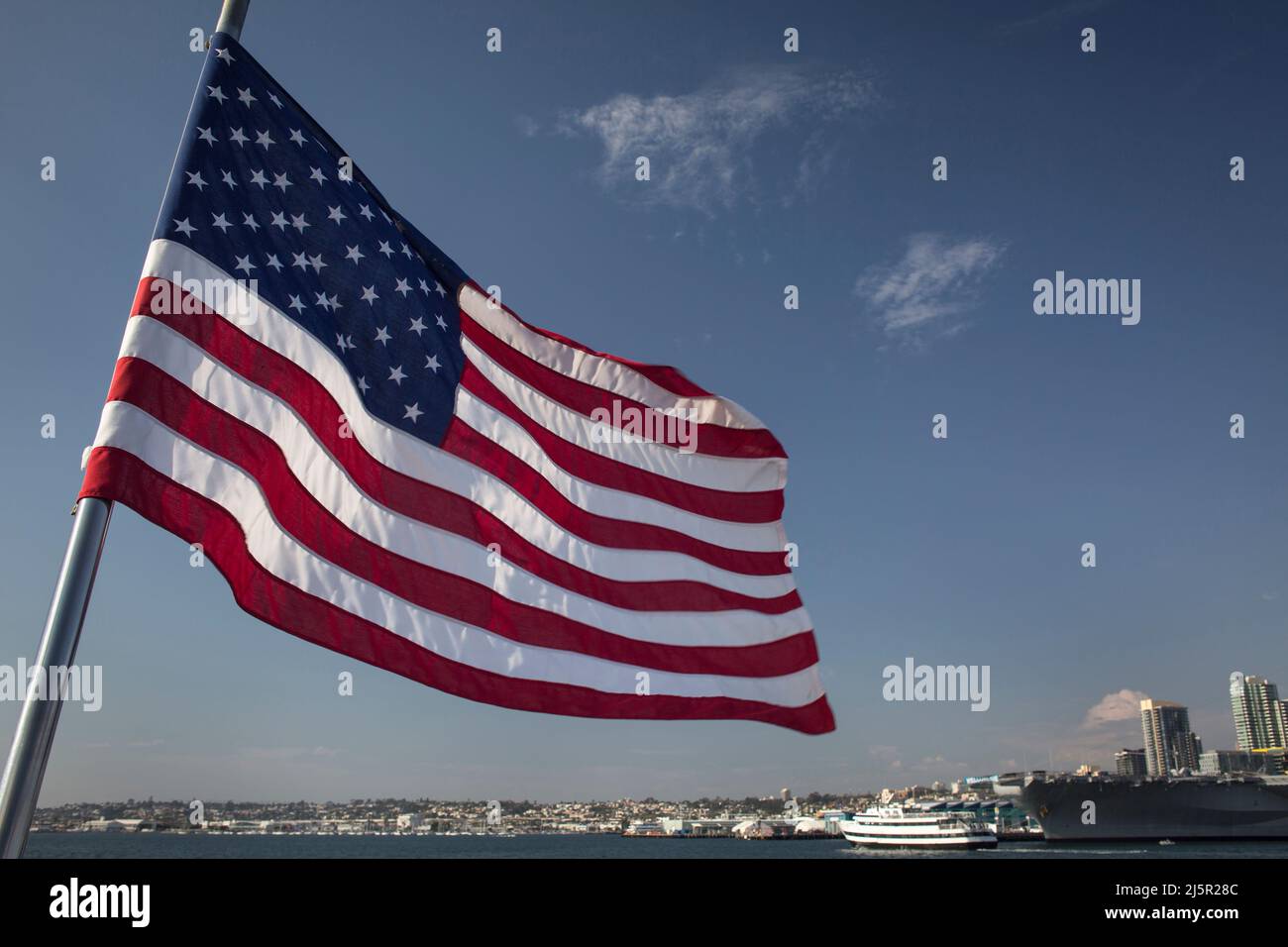 Close-up view of the American flag on a ferry, San Diego Bay Stock Photo