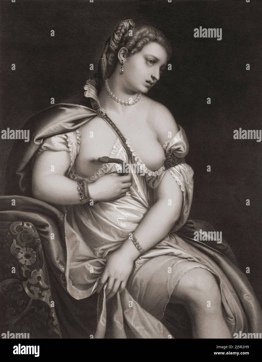 Cleopatra VII Philopator, 69 BC – 30 BC.  Queen of the Ptolemaic Kingdom of Egypt, clasps a venomous snake to he bosom in her act of suicide.  After the painting by Paolo Veronese engraved by Karl von Piloty. Stock Photo