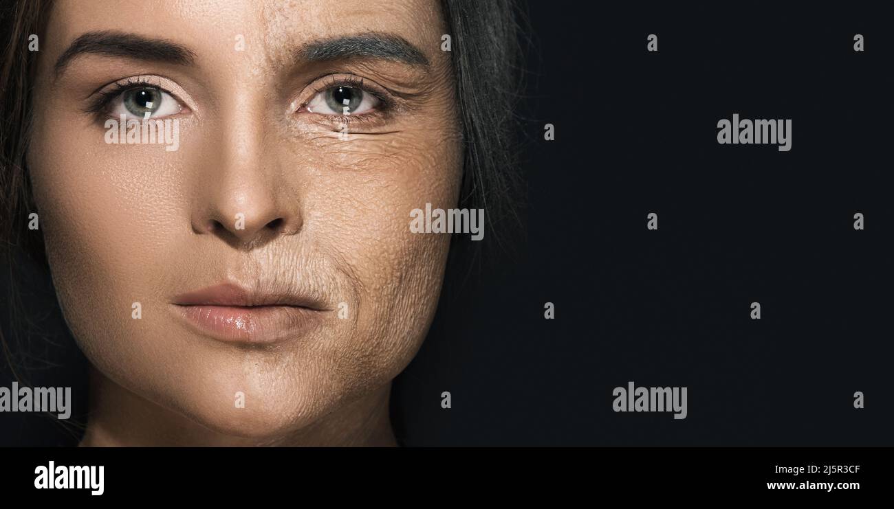 Aging concept. Comparison of young and old face. Real result achieved