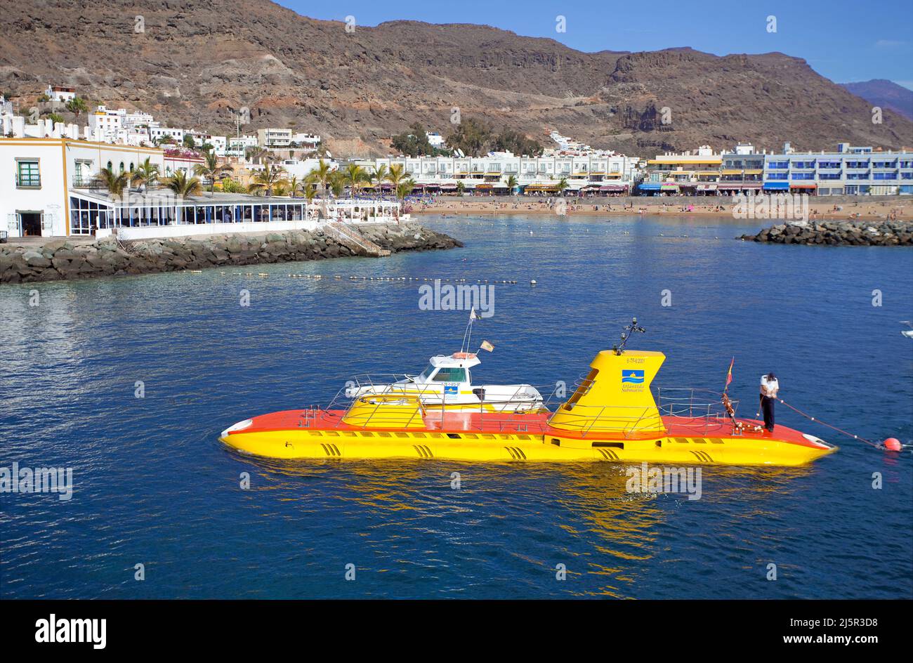 Yellow submarin, submarin for tourists undersea excursions, harbour of Puerto de Mogan, Gran Canaria, Canary islands, Spain, Europe, Atlantic ocean Stock Photo