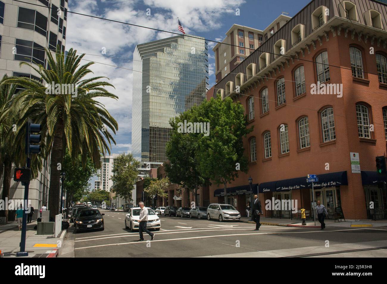 Skyscrapers and vintage buildings on Columbia St, San Diego Downtown ...