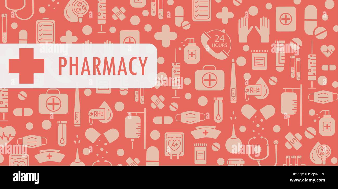 Pharmacy and medical banner with doodle background Stock Vector