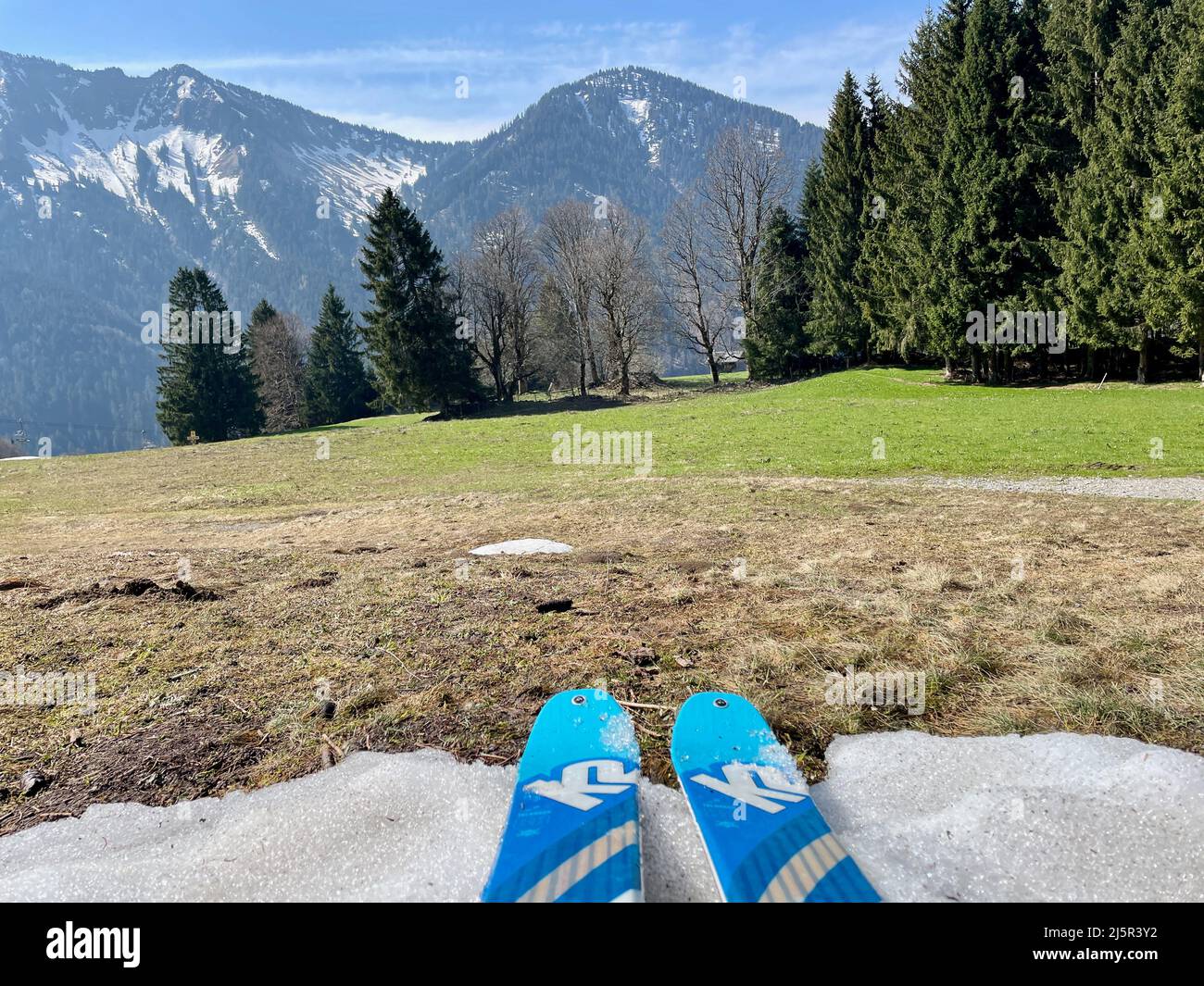 End of skiing season, no more snow. Laterns, Vorarlberg, Austria. Stock Photo