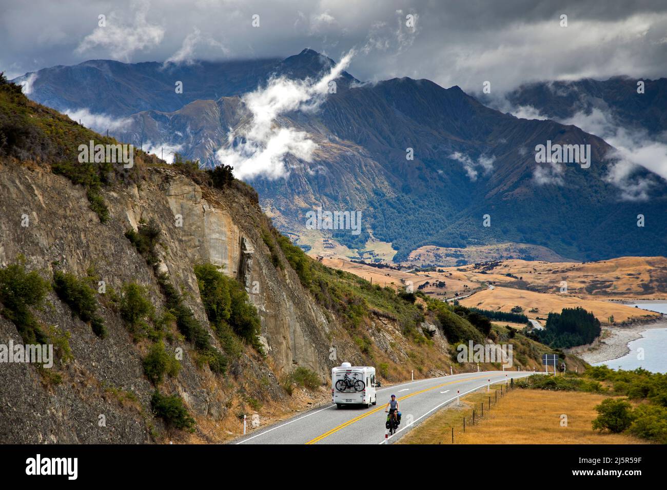 New Zealand, south island,- road through the mounainous area on the west coast, a populair area for tourist to go to with their motorhomes or even  on Stock Photo