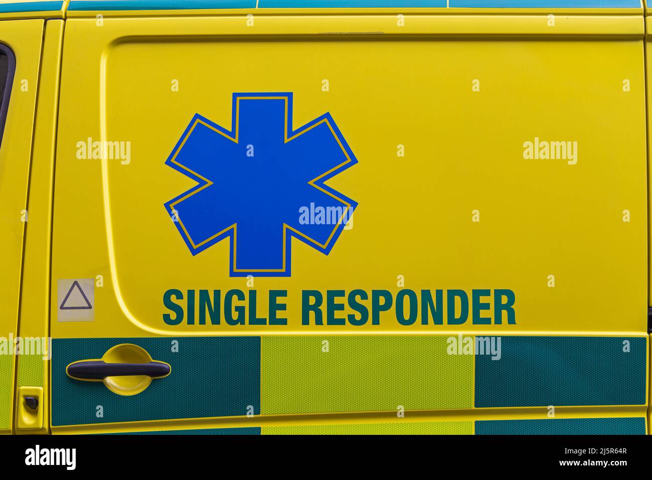 Sign Single Responder at Emergency Vehicle Ambulance Stock Photo