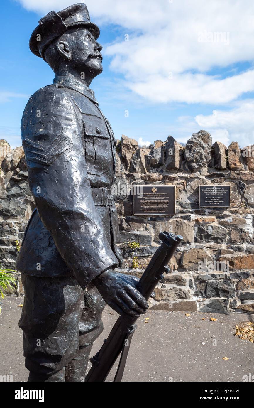 Statue in Bushmills in County Antrim commemorating Sergeant Robert Quigg who won a Victoria Cross for gallantry in World War One. Stock Photo