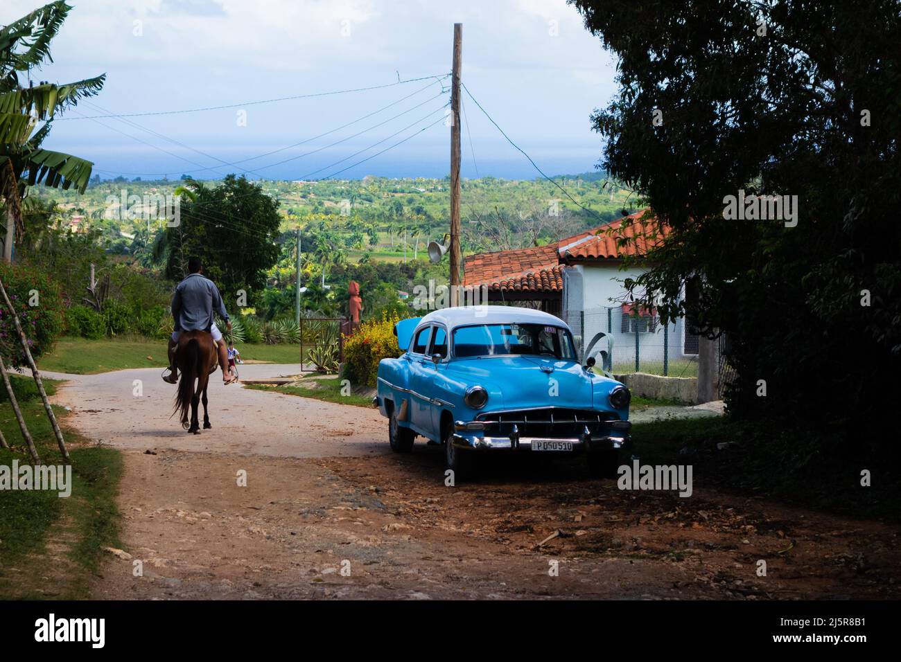 HOLGUIN, CUBA FEBRUARY 25; 2020 blue and white classic car parked in