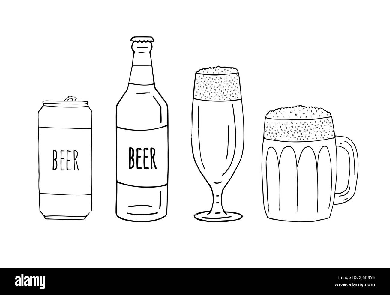 Vector set bundle of hand drawn doodle sketch beer cans and bottles isolated on white background