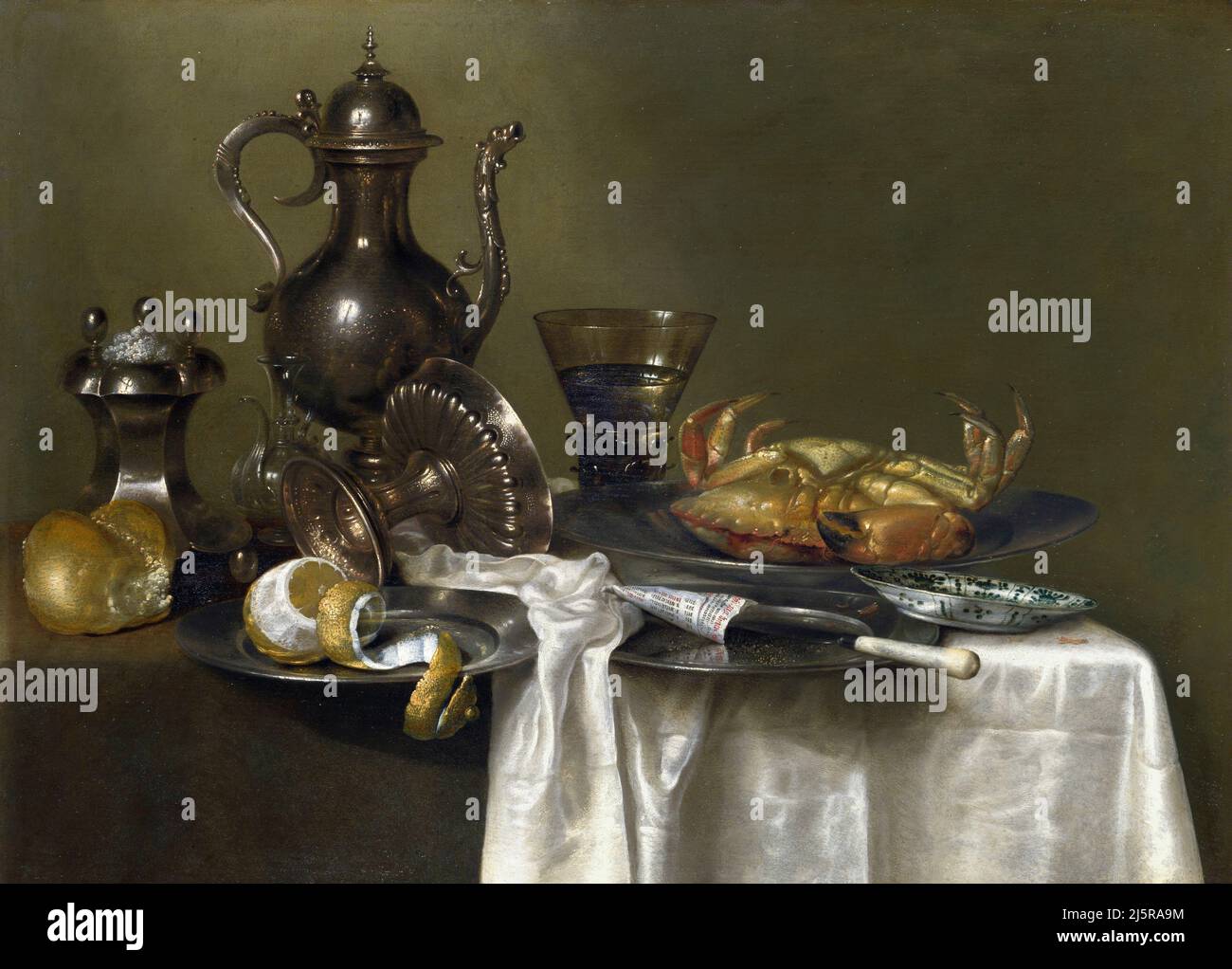 Willem Heda. Still Life: Pewter and Silver Vessels and a Crab by the Dutch Golden Age painter, Willem Claeszoon Heda (1593/1594 - c. 1680/1682), oil on oak, c. 1633-37 Stock Photo