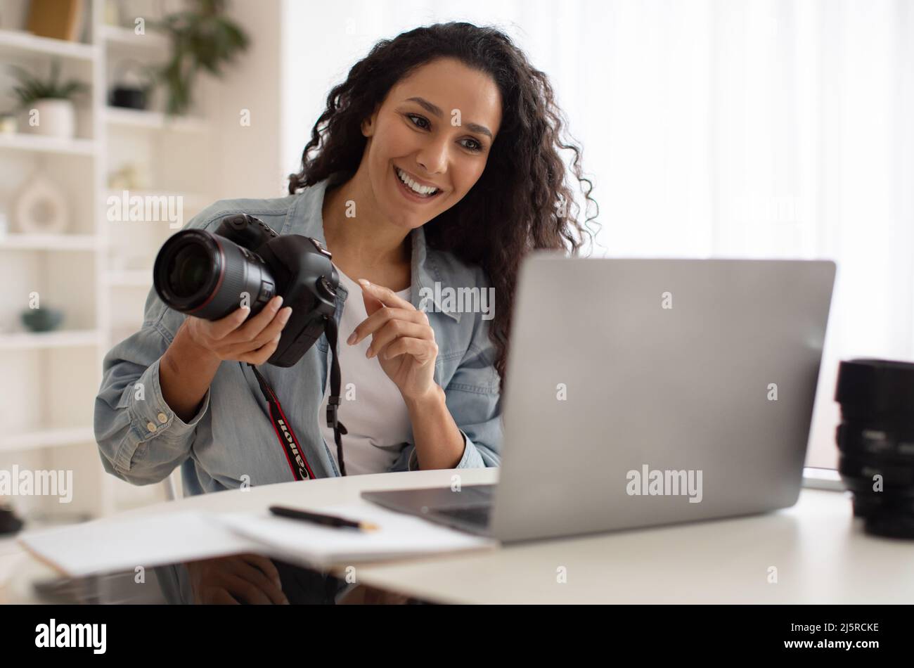 Female Photographer Video Calling Holding Camera Teaching Photography
