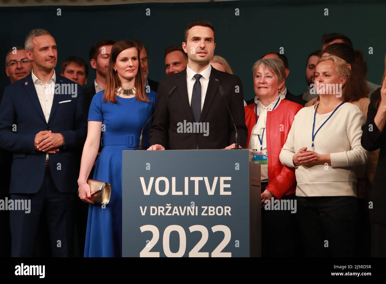 Ljubljana, Slovenia. 24th Apr, 2022. Matej Tonin (front), the leader of New Slovenia addresses his party at the media center in Ljubljana, Slovenia, April 24, 2022. Freedom Movement (FM), a new center-left party, recorded a landslide victory at Slovenia's general election on Sunday, defeating the center-right Slovenian Democratic Party led by Prime Minister Janez Jansa. Credit: Zeljko Stevanic/Xinhua/Alamy Live News Stock Photo