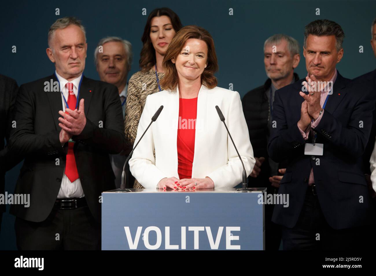 Ljubljana, Slovenia. 24th Apr, 2022. Tanja Fajon (front), the leader of Social Democrat, addresses her party at the media center in Ljubljana, Slovenia, April 24, 2022. Freedom Movement (FM), a new center-left party, recorded a landslide victory at Slovenia's general election on Sunday, defeating the center-right Slovenian Democratic Party led by Prime Minister Janez Jansa. Credit: Zeljko Stevanic/Xinhua/Alamy Live News Stock Photo