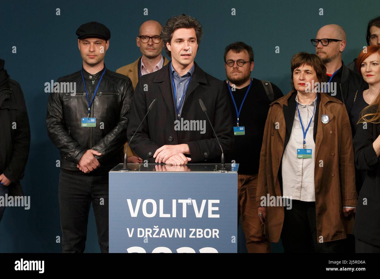 Ljubljana, Slovenia. 24th Apr, 2022. Luka Mesec (front), the leader of the Left, addresses his party at the media center in Ljubljana, Slovenia, April 24, 2022. Freedom Movement (FM), a new center-left party, recorded a landslide victory at Slovenia's general election on Sunday, defeating the center-right Slovenian Democratic Party led by Prime Minister Janez Jansa. Credit: Zeljko Stevanic/Xinhua/Alamy Live News Stock Photo