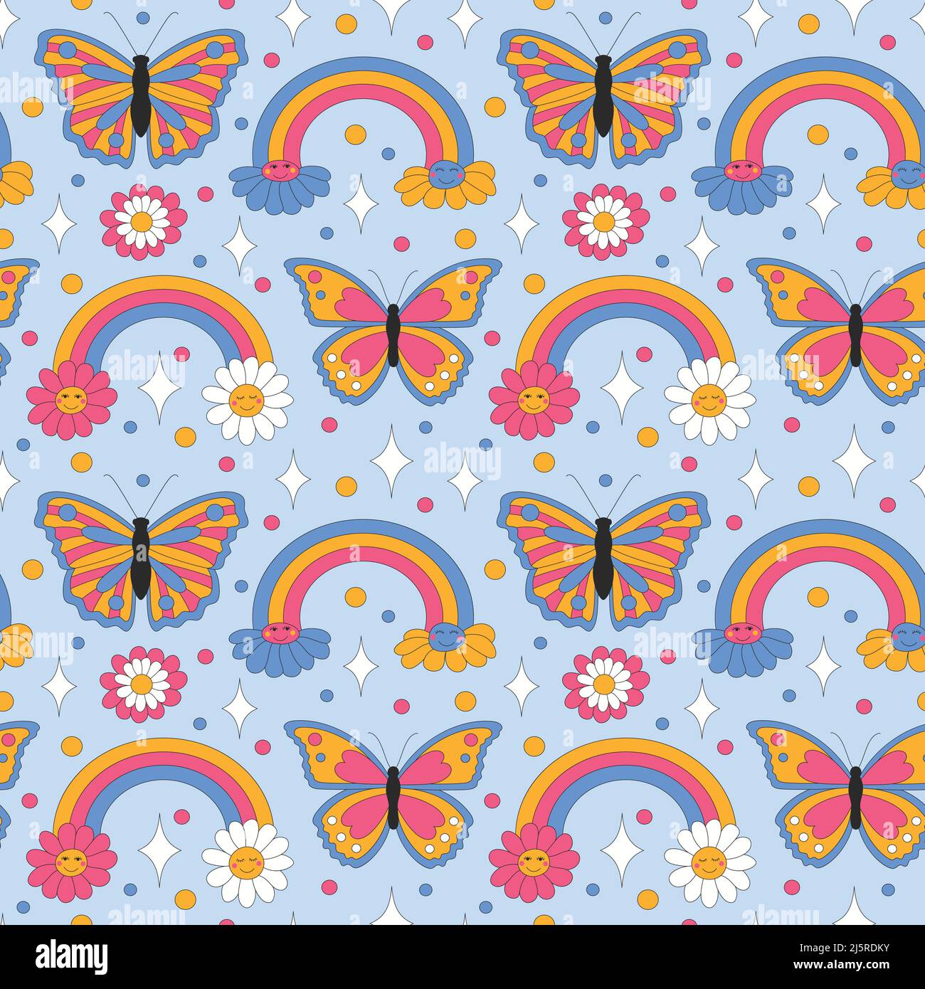 Retro daisies and sparkles on light background. Stock Vector