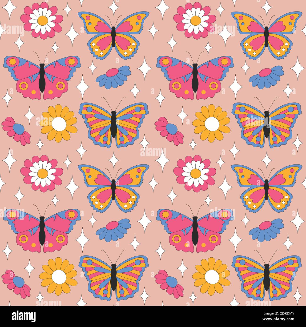 Retro daisies and sparkles on light background. Stock Vector