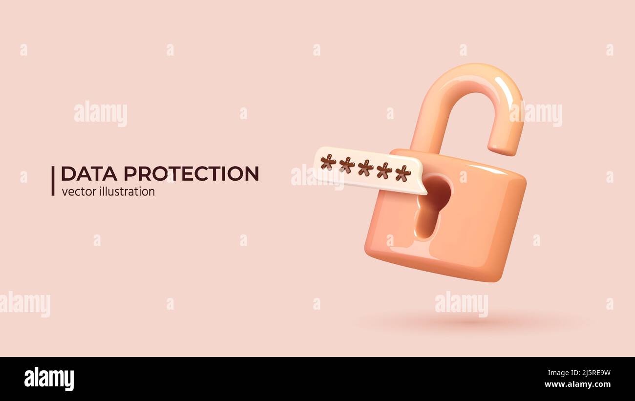 Data protection, safety, encryption, protection, privacy concept. Realistic 3d design of padlock, lock with password. The personal data protection. Vector illustration in cartoon minimal style. Stock Vector