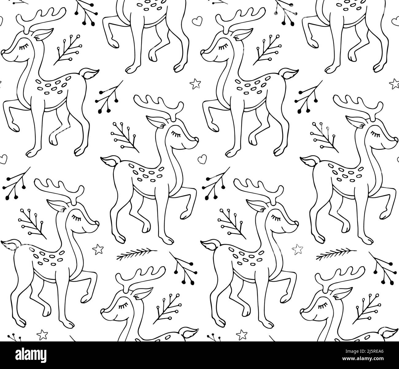 Vector seamless pattern of black outline hand drawn doodle sketch deer ...