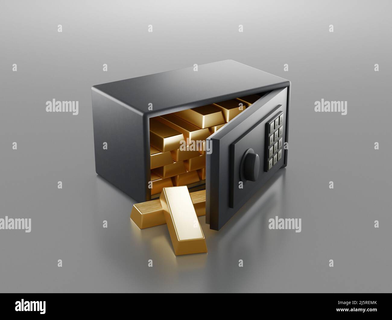 Steel safe with Gold Bars or ingots. 3d rendering Stock Photo