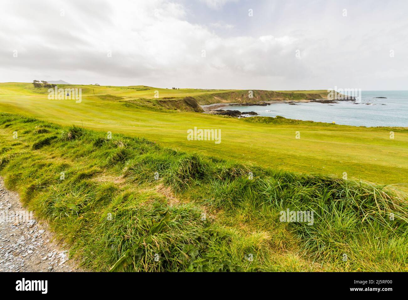 View from path over the golf course at Porthdinllaen, North Wales. Stock Photo