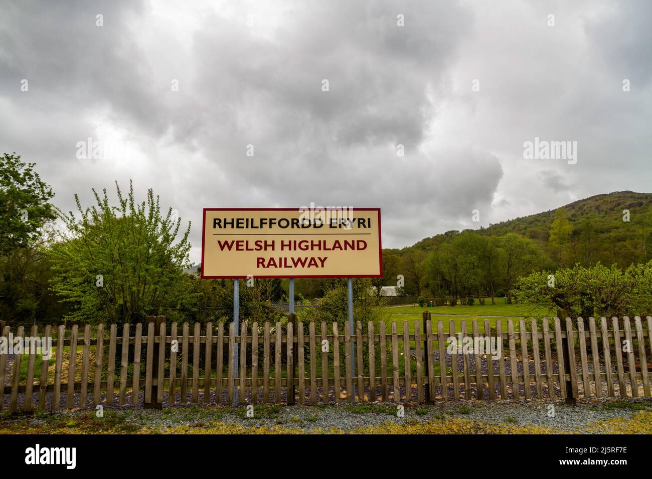 Sign for the Welsh highland railway, narrow gauge heritage railway in North Wales, copyspace at top. Stock Photo